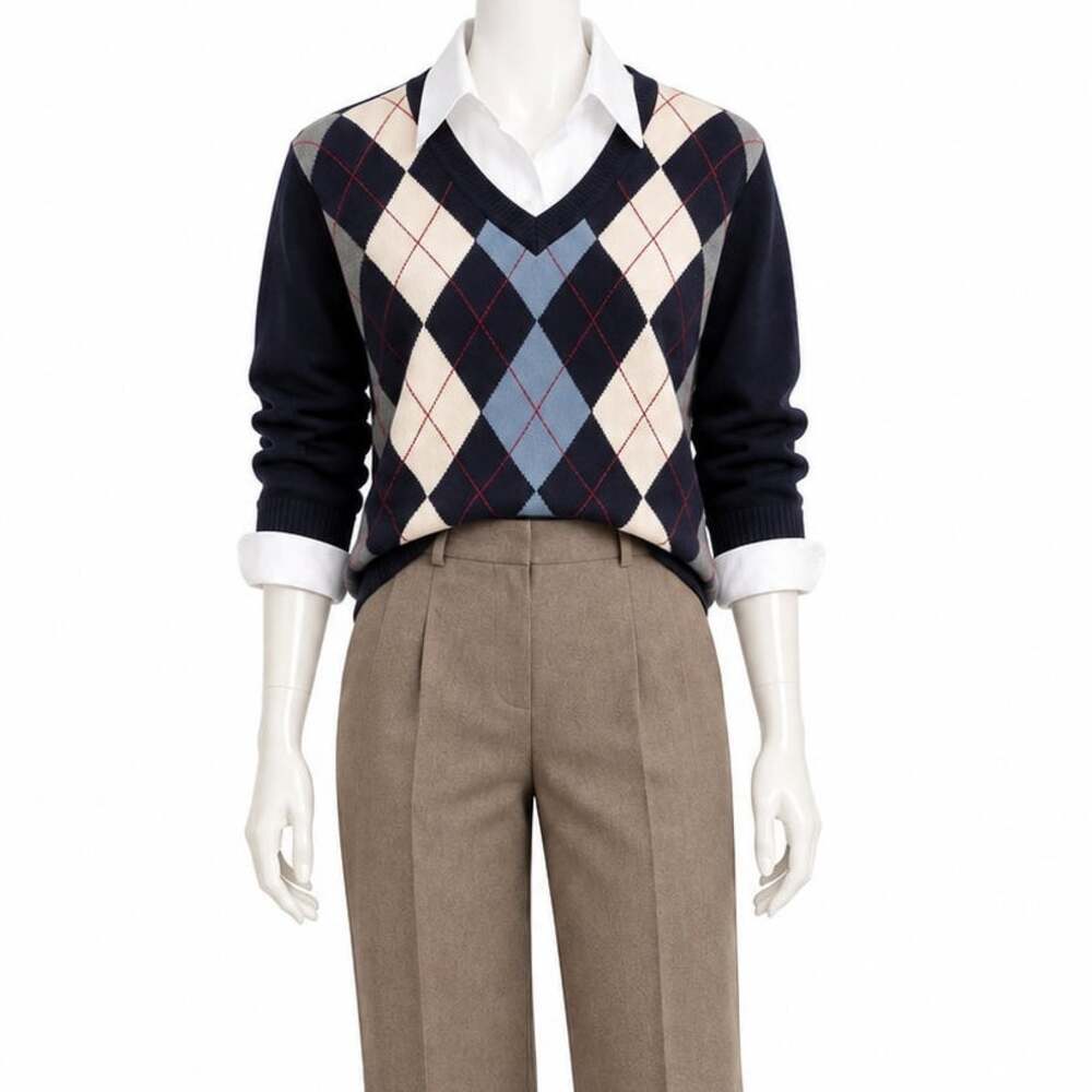 St Johns Bay Argyle Sweater V Neck Collegiate Academia Menswear Preppy Womens ML